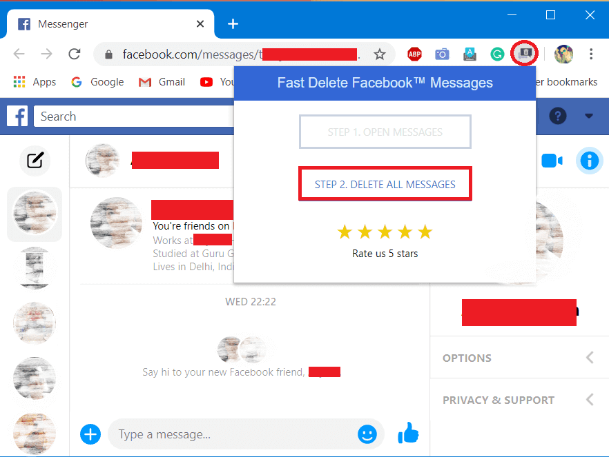 click on the extension icon and select Delete all messages option.