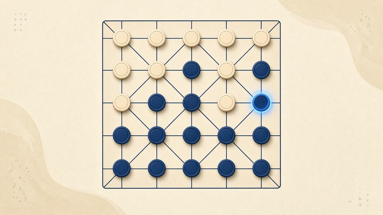 Parchment Alquerque 5x5 lattice board with cream and navy pieces on a bright cream background