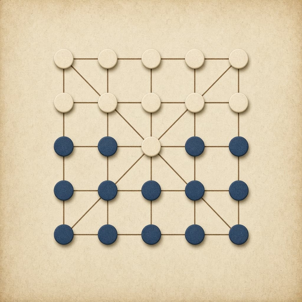 Alquerque Chrome extension icon with 5x5 lattice and cream vs navy pieces on parchment
