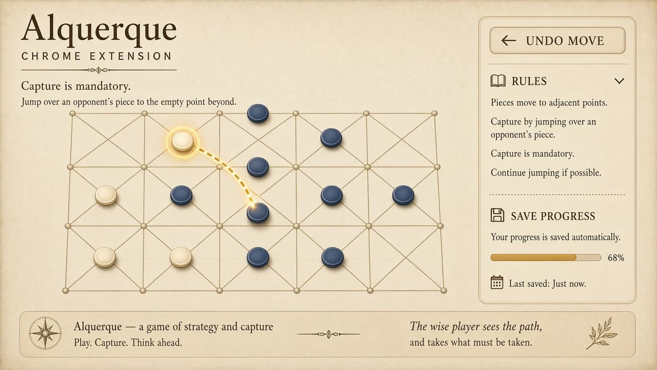 Alquerque capture move with highlights, undo, and play versus AI