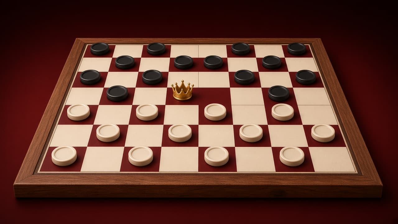 American Checkers 8x8 wooden board mid-game with short king piece