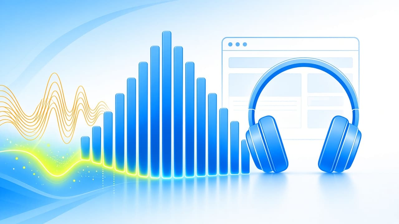 Bright chrome-blue frequency bars and headphones illustrating an audio bass booster for Chrome
