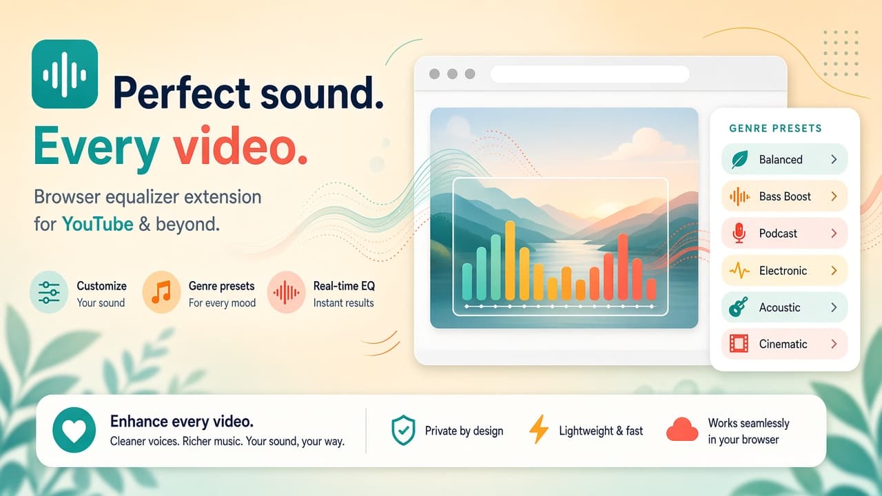 Audio Equalizer EQ presets and waves over a generic browser video player