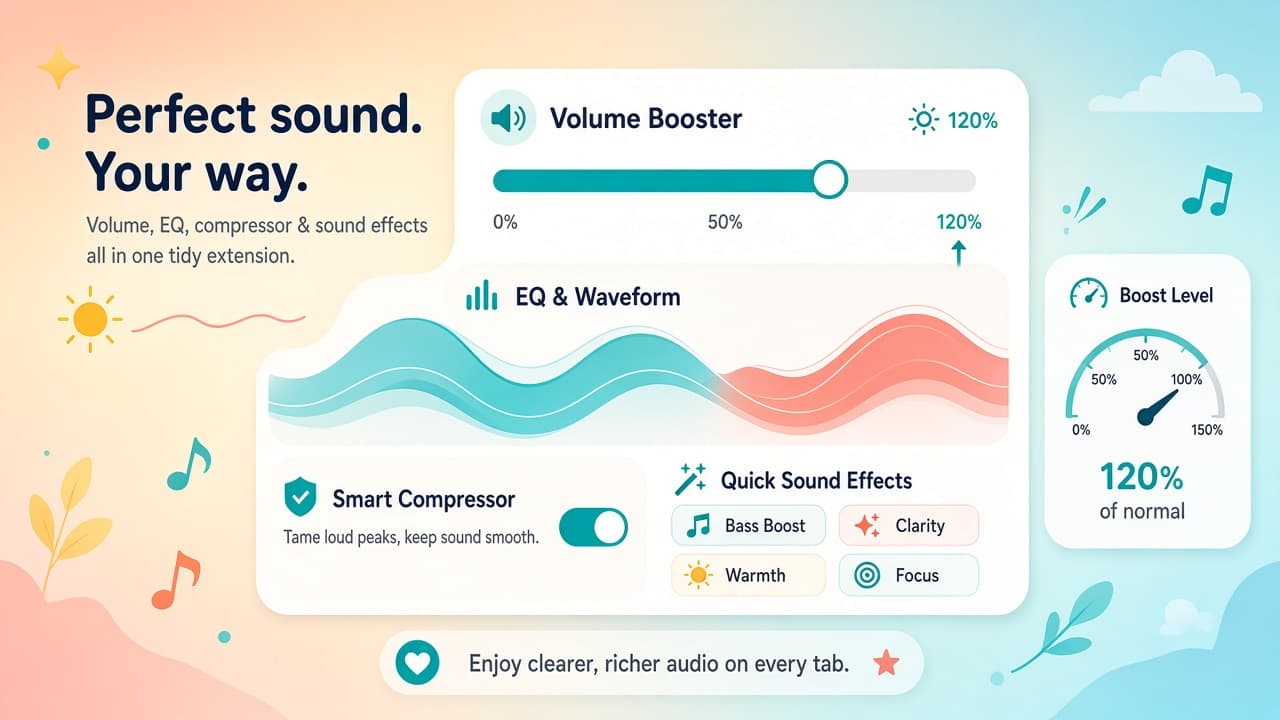 Audio Equalizer EQ volume booster dial, waveform, and sound effects controls