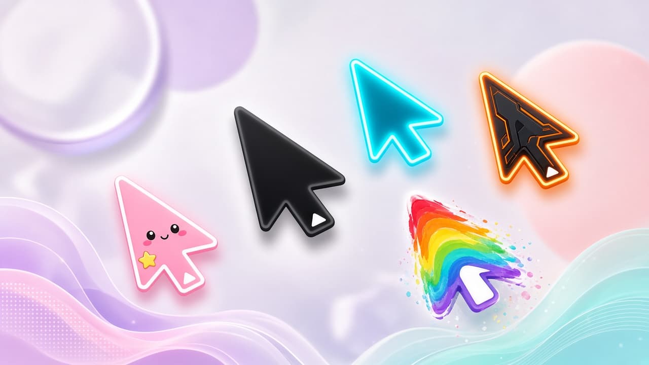 Promo art of minimal, neon, gaming, fun, and creative custom mouse cursors
