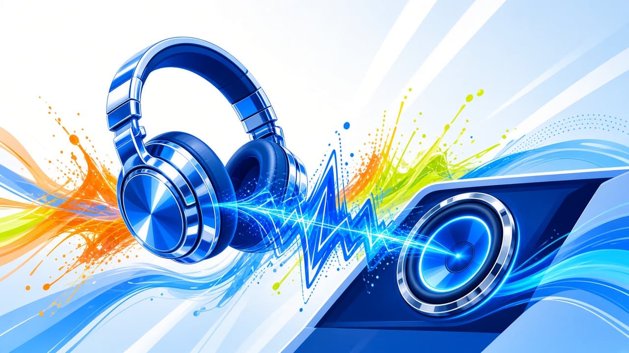 Bright chrome-blue sound waves from headphones and a glowing subwoofer for bass boosted listening