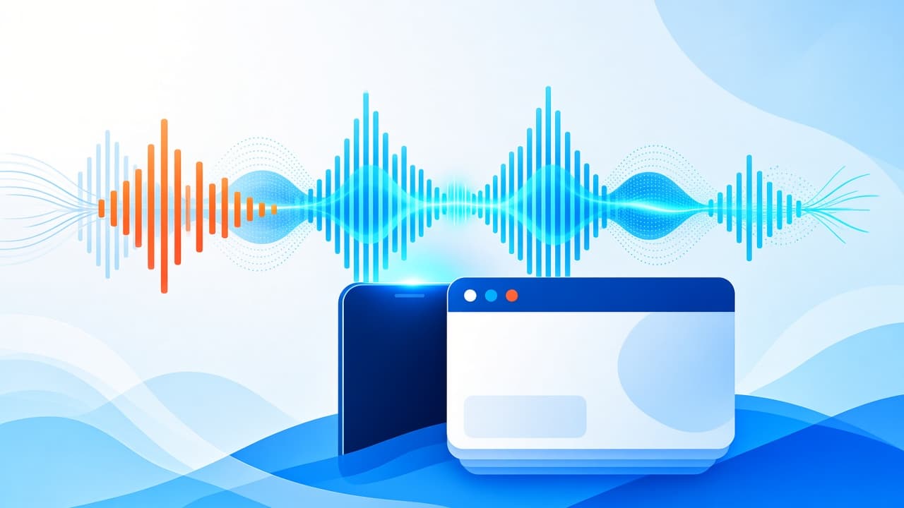Bright cyan bass waveform rising from a phone and browser window for a bass booster app