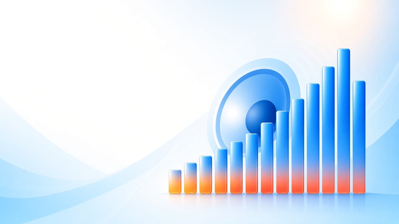 Bright equalizer bars with warm bass accents on a light chrome-blue background