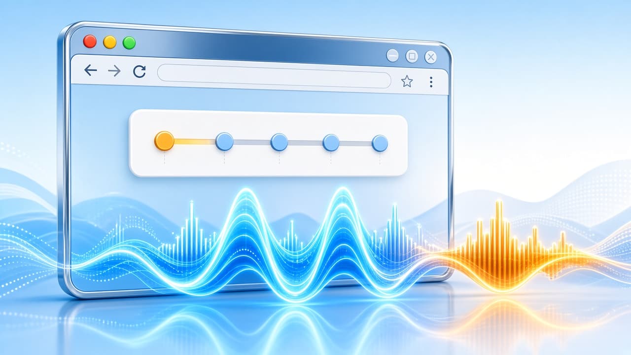 Bright chrome-blue browser window with vivid cyan bass waveform and amber low-end accent