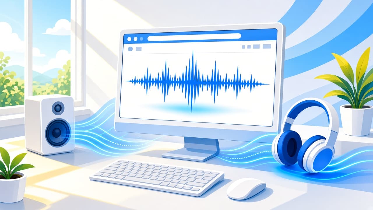 Bright PC desktop with Chrome, speakers, headphones, and vivid chrome-blue bass waves