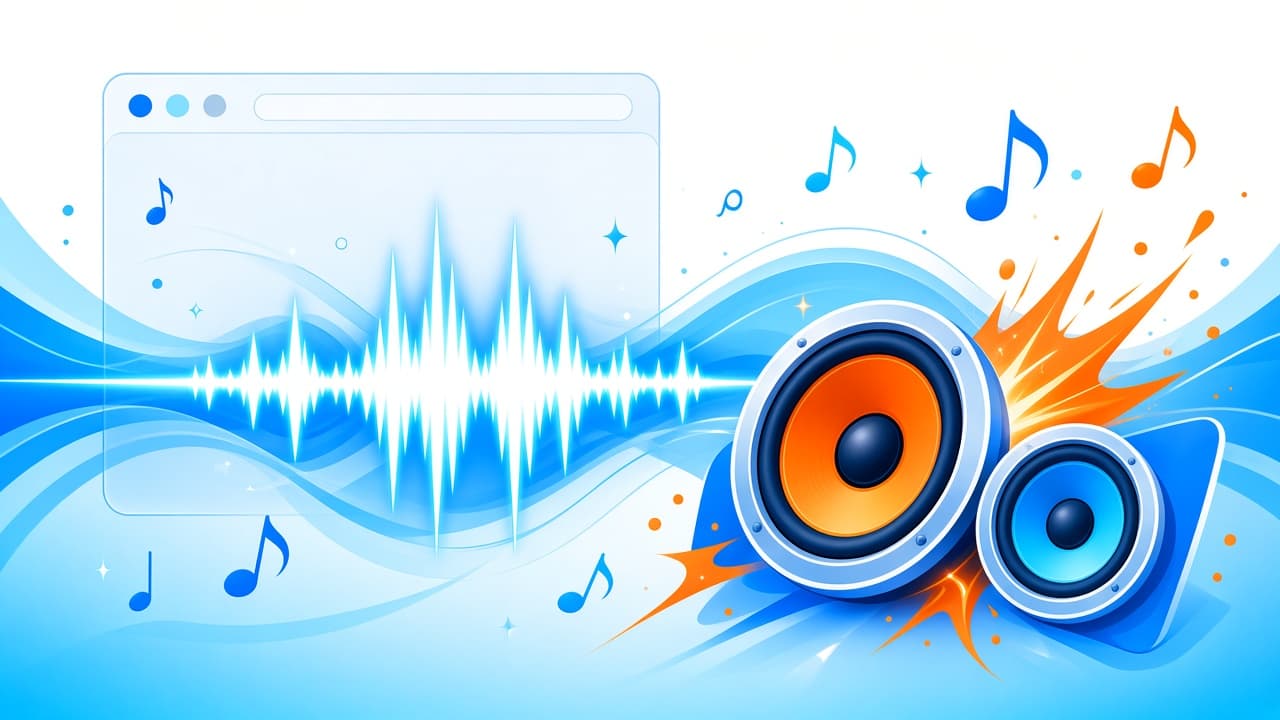 Bright chrome-blue bass waveform and speakers for a bass booster songs guide