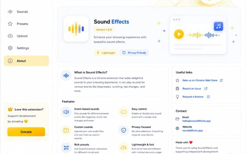 Browser Sound Effect About page with event sounds custom uploads presets and privacy features