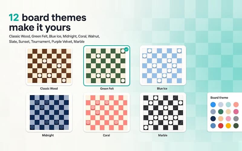 Checkers Online promo showing 12 board themes including Classic Wood, Green Felt, Blue Ice, Midnight, Coral, and Marble