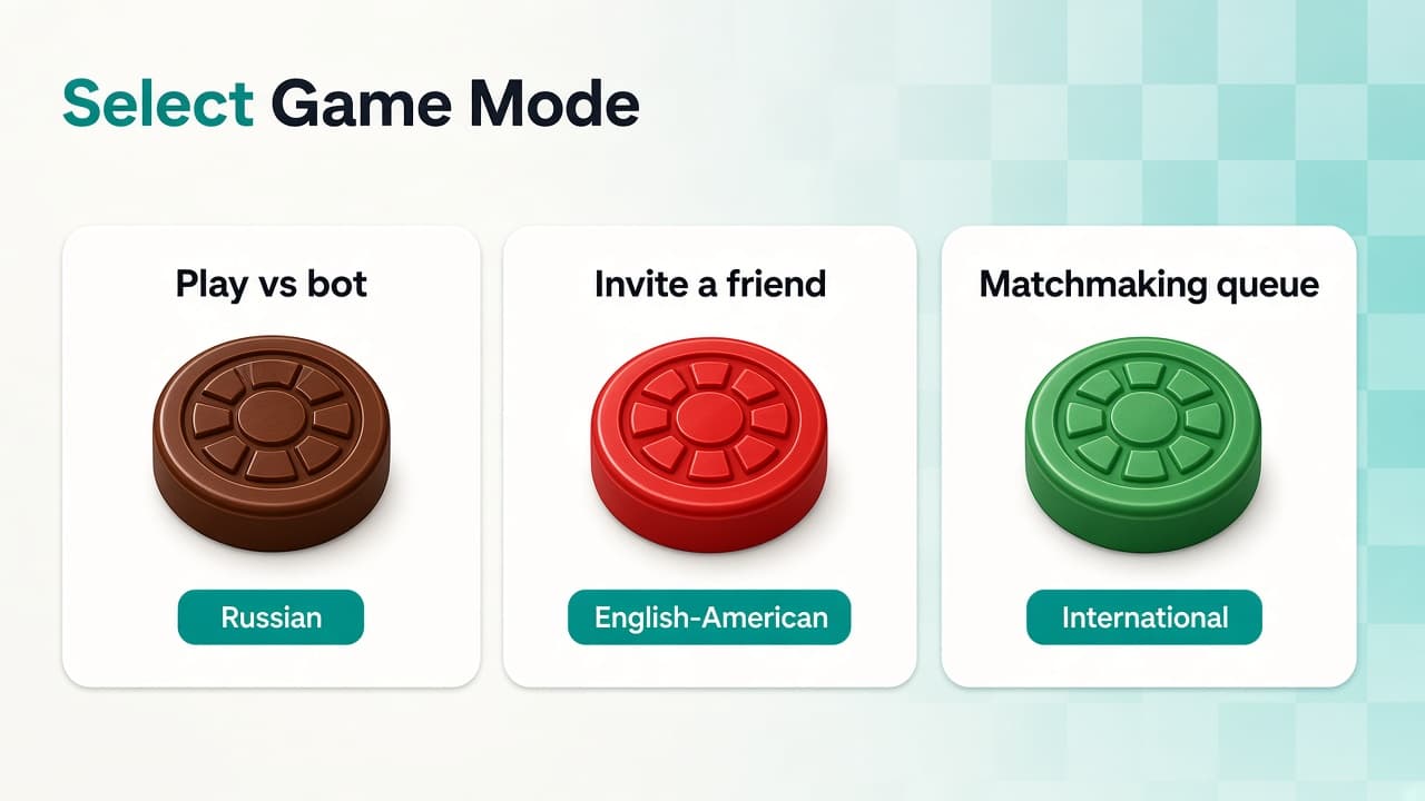 Checkers Online mode select for play vs bot, invite a friend, and matchmaking