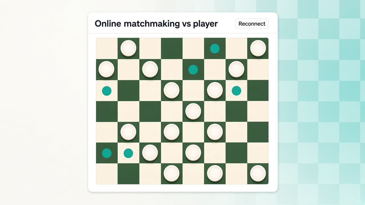 Checkers Online green felt board with legal-move highlights during an online match