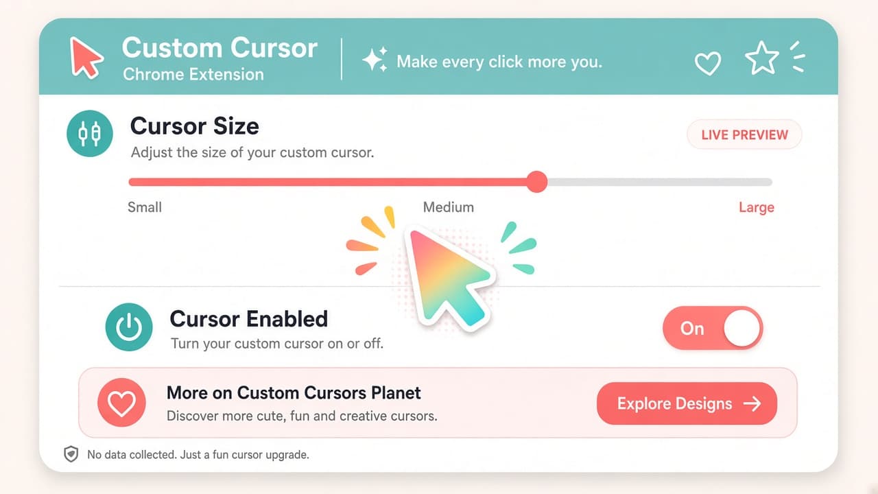Cursor Custom controls with size slider, on-off toggle, and link to more designs