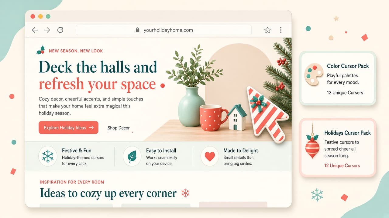 Holiday-themed custom cursor applied on a bright webpage with Cursor Custom packs