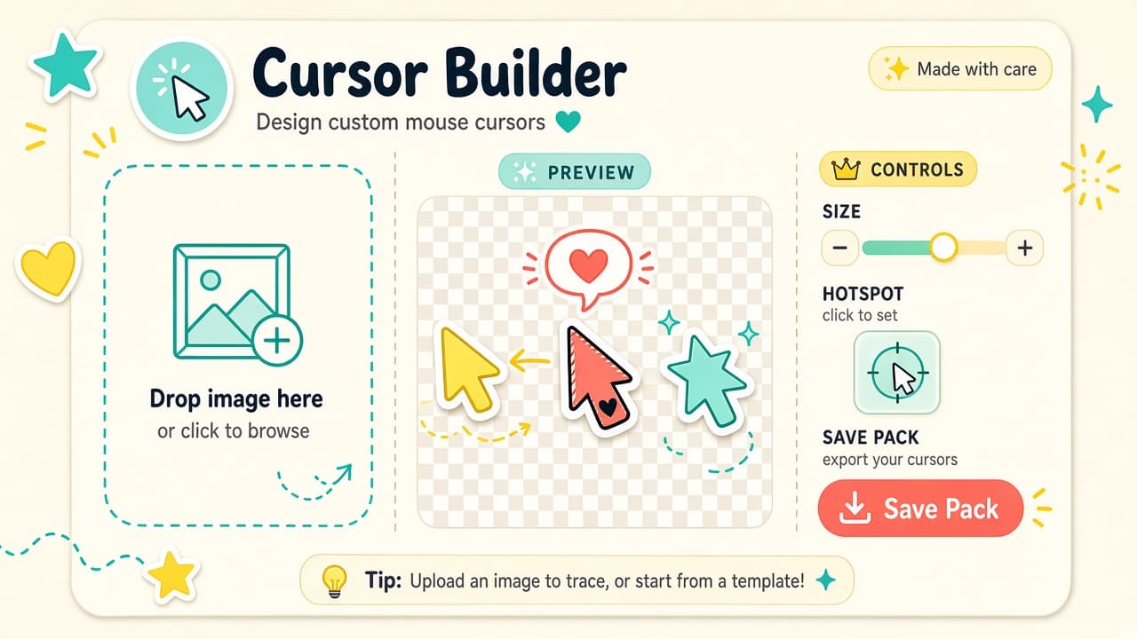 Cursor Builder panel to upload images, preview pointers, set hotspot, and save a pack