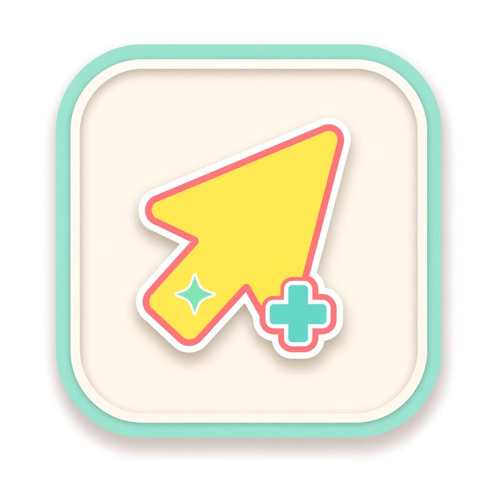Cursor Helper icon: lemon yellow mouse pointer with mint plus badge on a cream tile