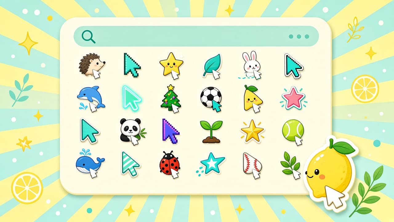Cursor Helper popup-style grid of original custom cursor stickers on a bright lemon aqua background