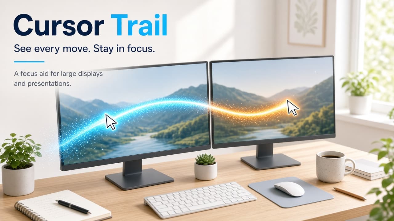Glowing cursor trail across a bright multi-monitor desk setup