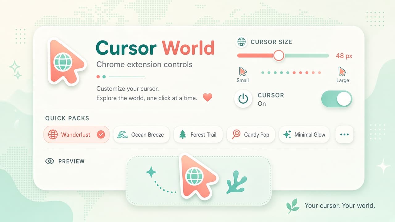 Cursor World controls for size slider, on off toggle, and quick pack switching