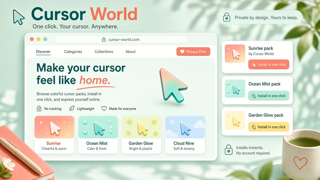 Cursor World one-click install and browsing scene with custom cursor packs