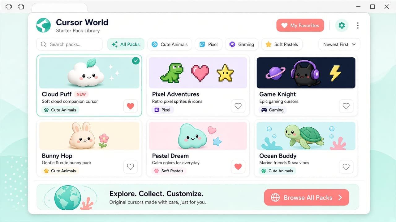 Cursor World popup showing starter pack library grid with favorites