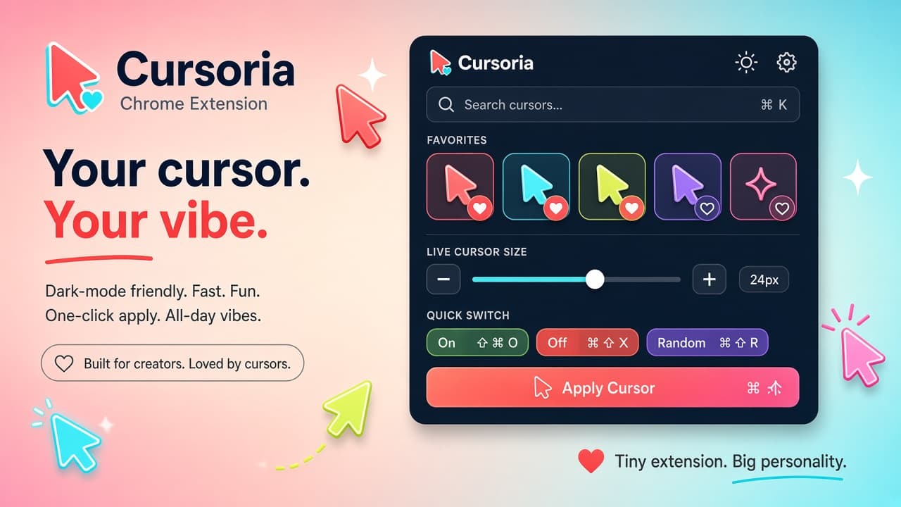 Cursoria controls for search, favorites, apply, size, and hotkeys
