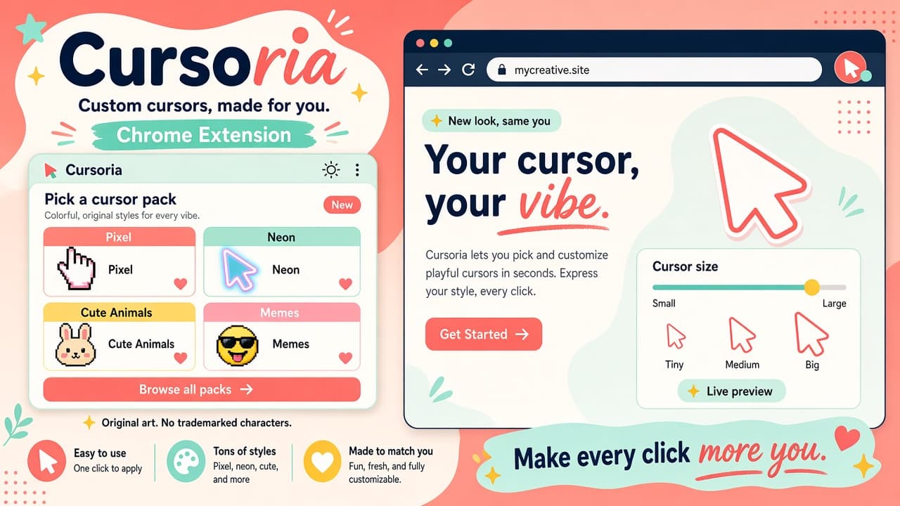 Cursoria popup showing colorful custom cursor packs and size slider
