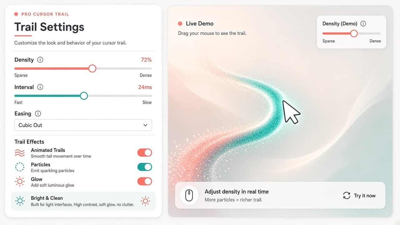 Pro trail settings panel with density, interval, and easing controls