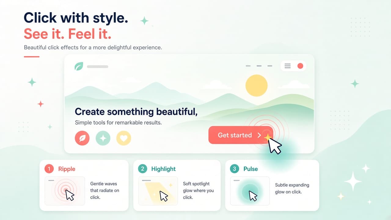 Click effects preview showing ripple, highlight, and pulse on a webpage