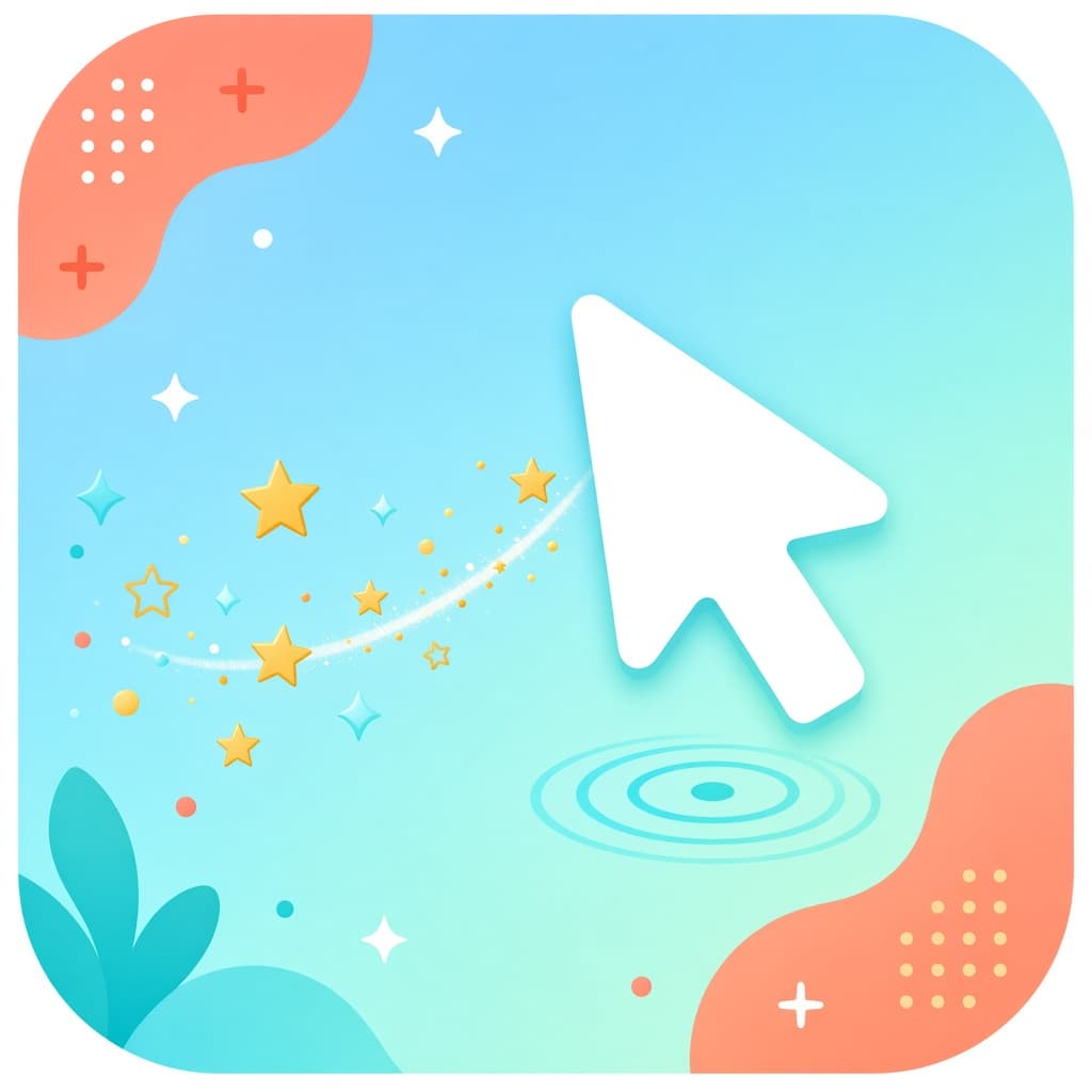 Custom Cursor and Cursor Trails icon with arrow pointer, sparkle trail, and ripple accent