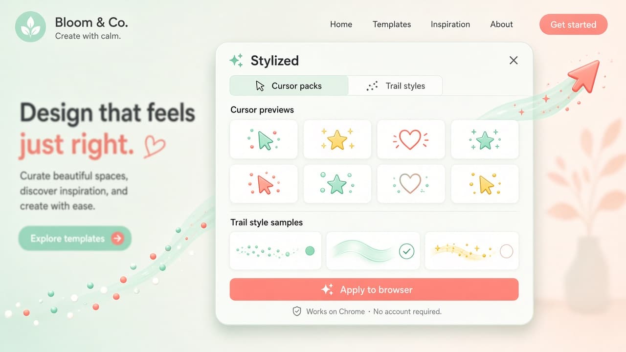 Custom cursor packs and animated trail styles picker for Chrome