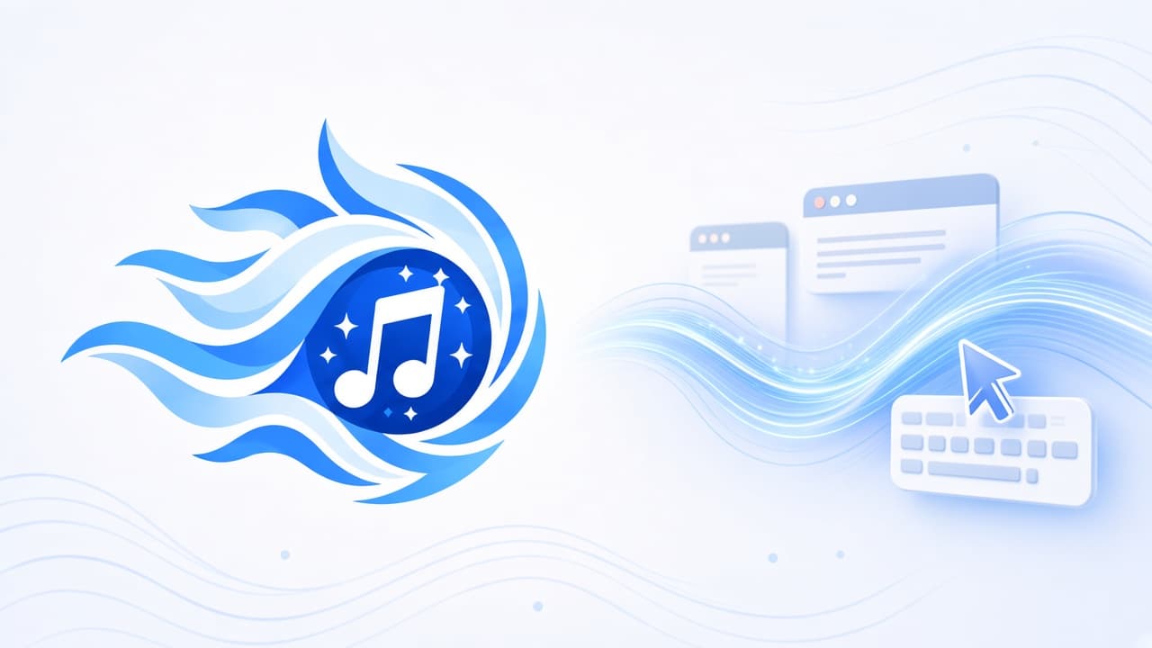 Custom Sound brand-style blue music note with flame swirls beside browser tab, click, and keyboard icons