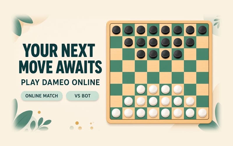 Dameo checkers 8x8 honey and teal board with Play Dameo Online, Online Match and Vs Bot