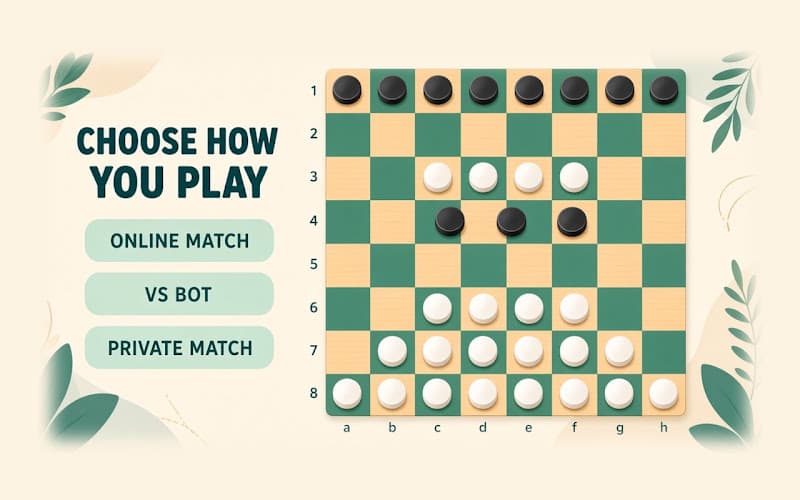 Dameo choose how you play: Online Match, Vs Bot, and Private Match on an 8x8 board