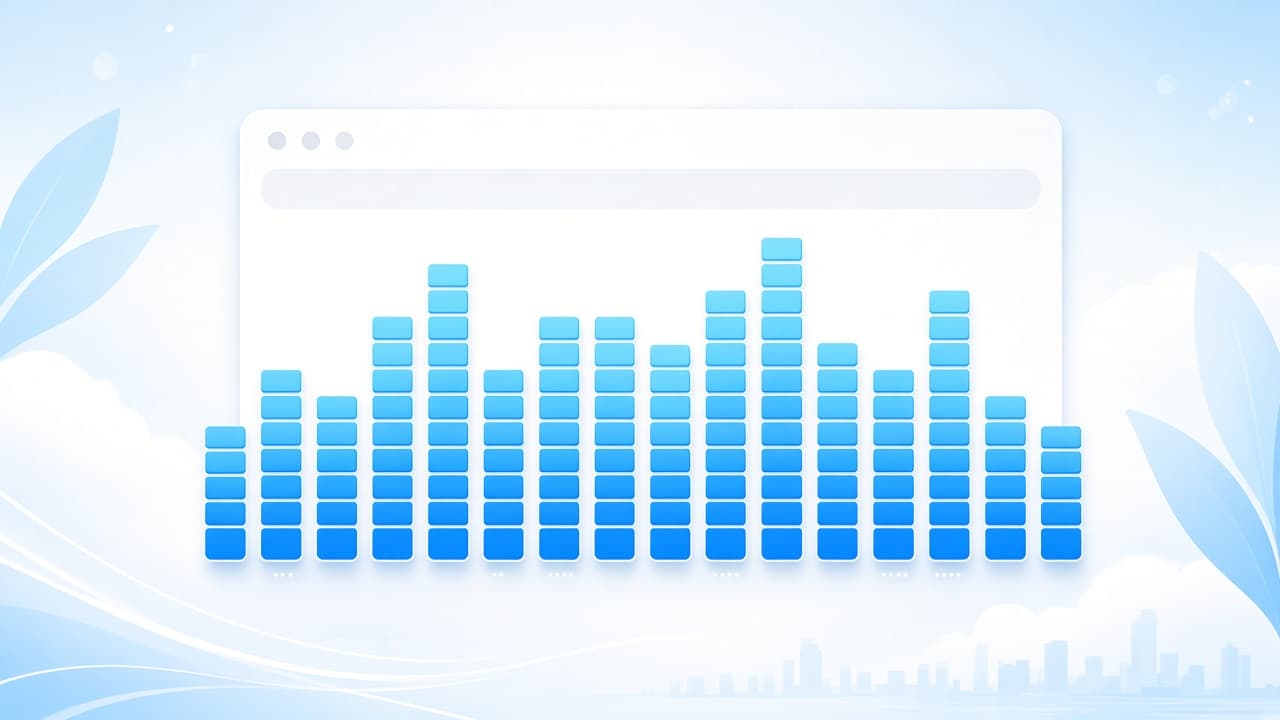 Bright 10-band equalizer bars in chrome blue over a soft browser silhouette