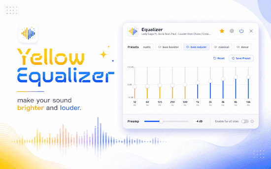 Equalizer Yellow 10-band graphic equalizer with frequency sliders from 32 Hz to 16 kHz