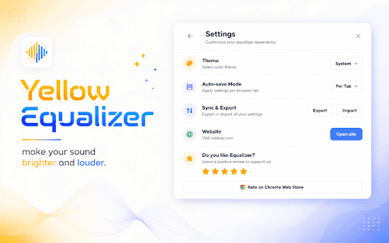Equalizer Yellow settings screen with theme, auto-save mode, and export options
