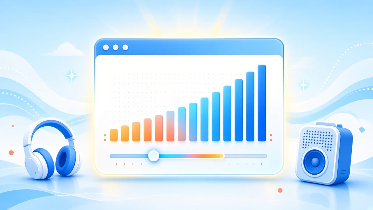 Bright free bass booster app cover with chrome-blue EQ bars, browser window, and amber low-end accents