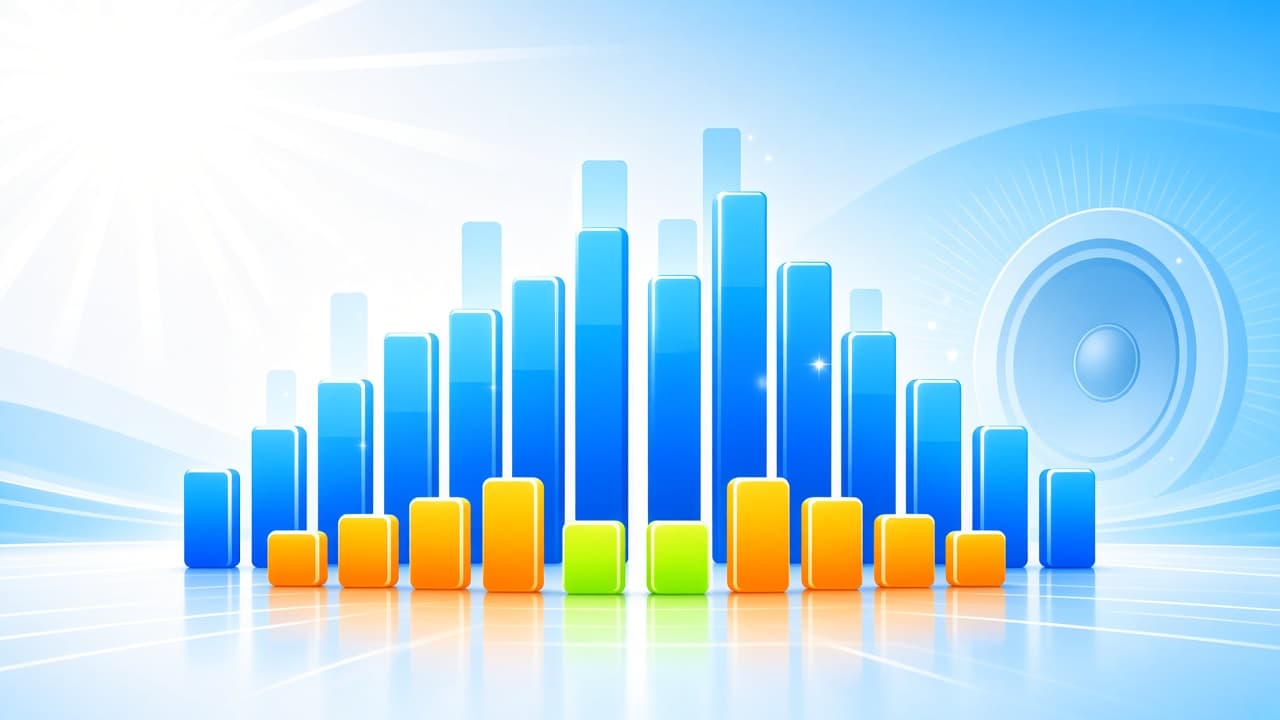Bright chrome-blue and cyan equalizer bars with warm amber bass accents on a light sky gradient