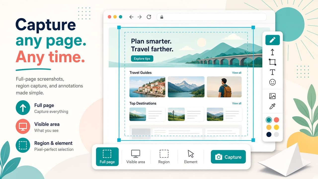 Full page and region capture toolbar over a long webpage screenshot
