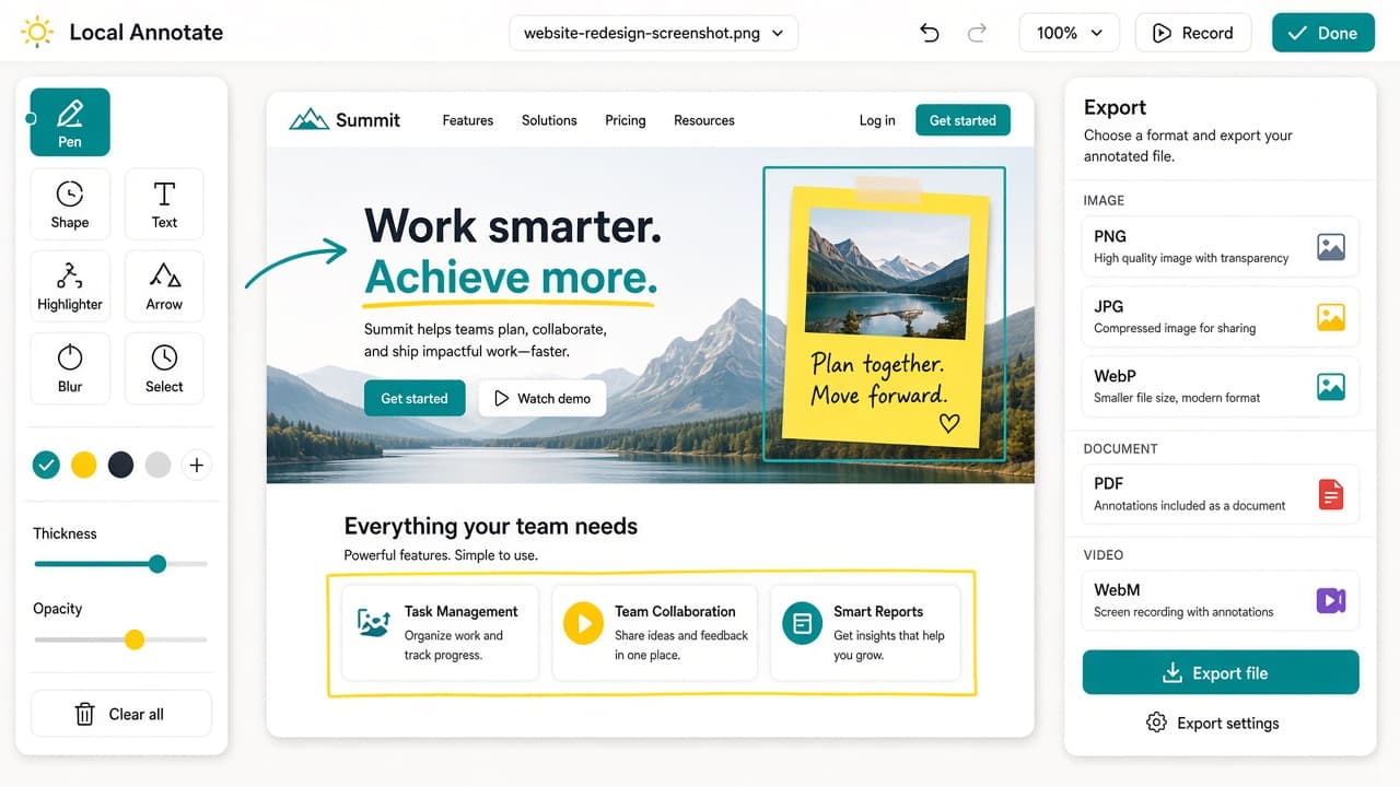 Local annotation editor with draw tools and PNG JPG WebP PDF WebM export
