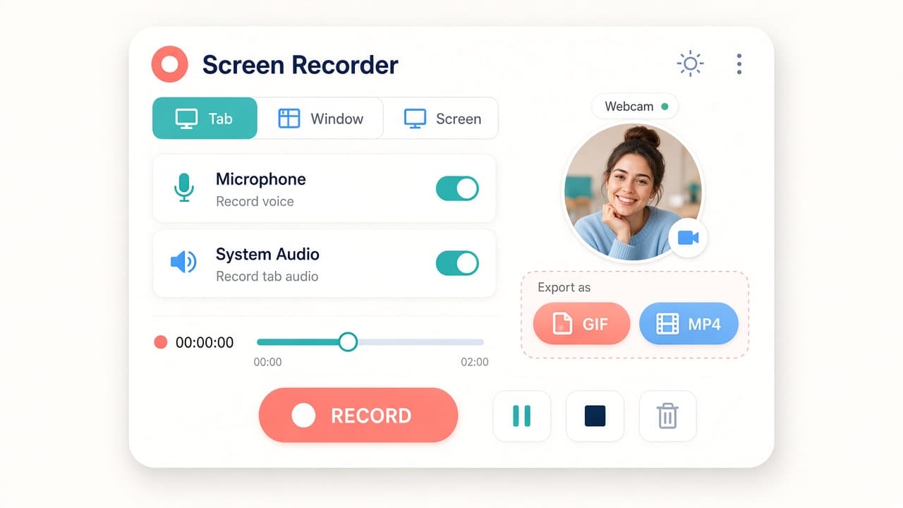 Screen recorder controls with webcam bubble and GIF MP4 export options