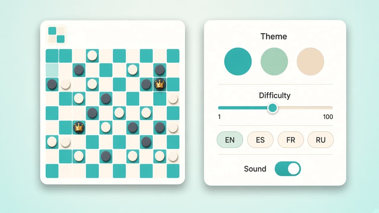 International Draughts board themes, languages, and difficulty levels