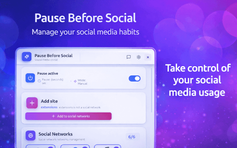 Limit Social Media extension popup with pause active toggle and social networks list