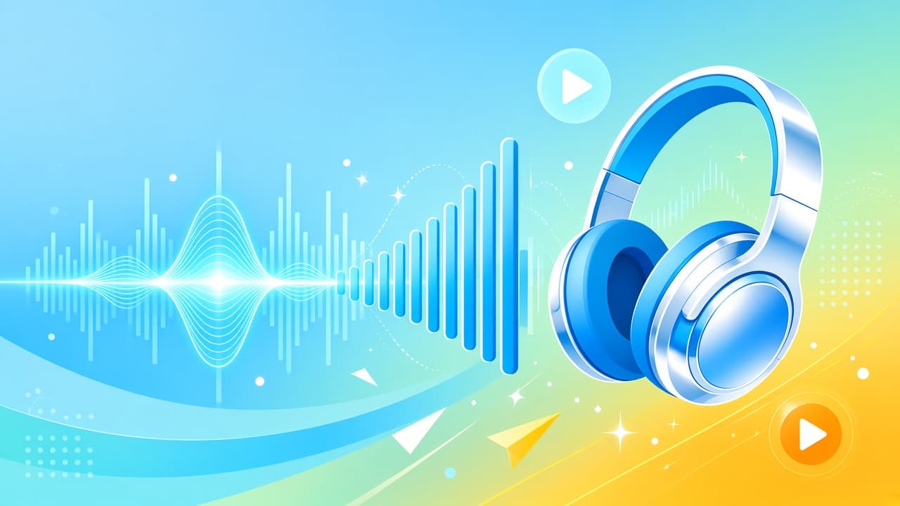 Bright chrome-blue headphones and glowing bass waveform for a music bass booster guide