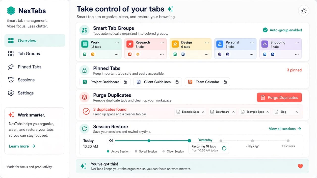 NexTabs tab groups, lock tabs, purge duplicates, and session restore controls