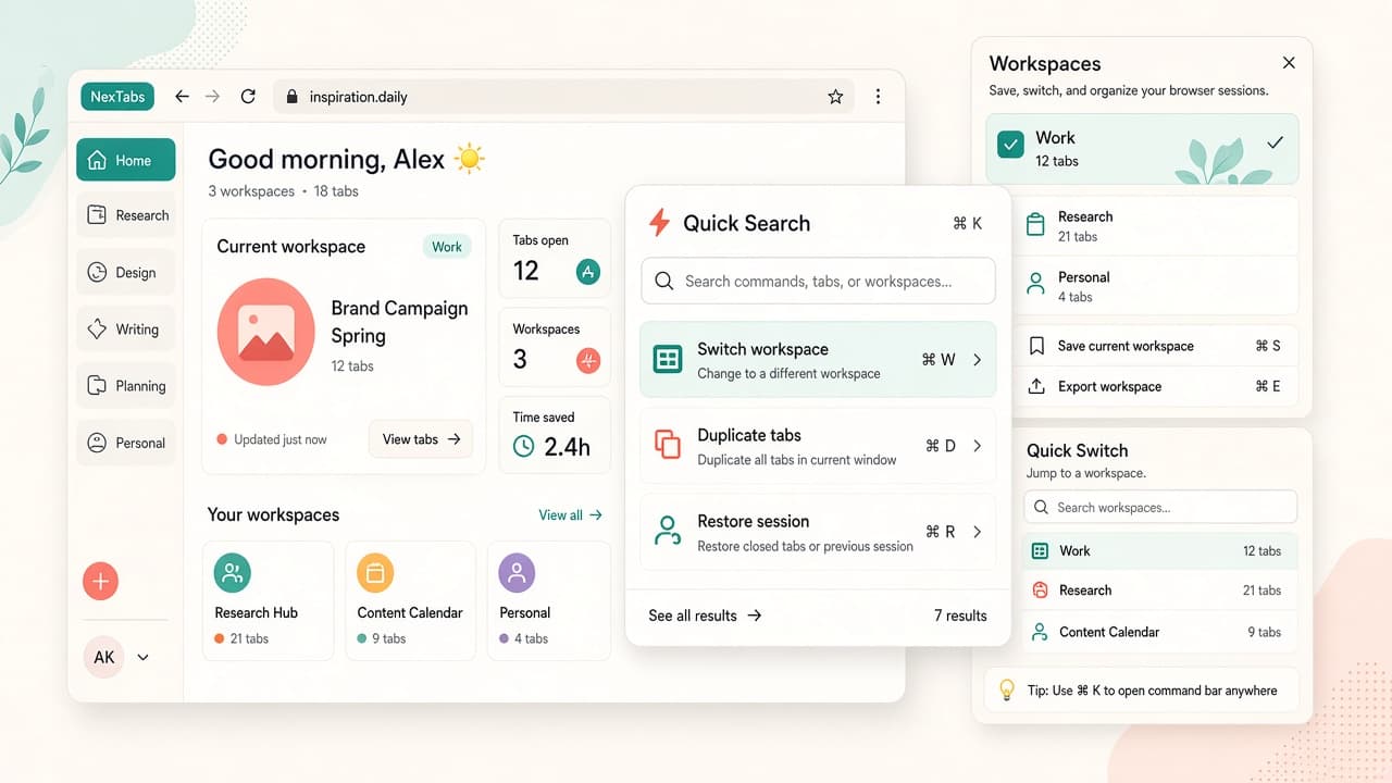 NexTabs workspaces switcher and Quick Search command bar